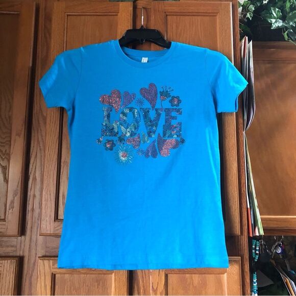 Women’s Crew Neck Beaded “LOVE” Graphic Short Sleeve T-Shirt - S - Picture 2 of 11